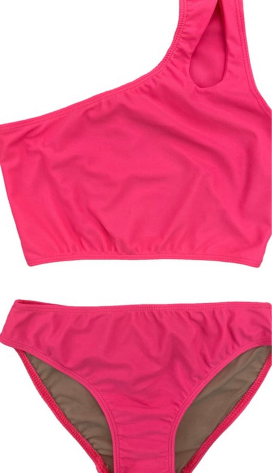 Girls One Shoulder Bikini Hot Pink